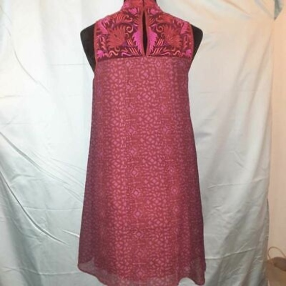 Anthropologie Niki Tlahajan Sz 0 Shift Dress Red Floral Keyhole Embroidry Party - Picture 2 of 10